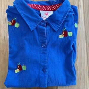 Quacker Factory XL Blue Corduroy Button Up Shirt Embroidered Apples Beaded